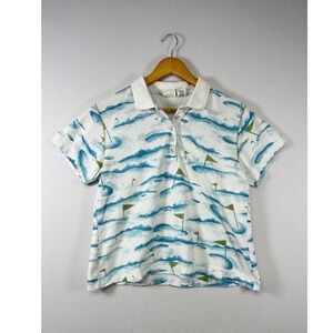 Line Up For Sport Polo Shirt Women Large White Blue Golf Flag Print Short Sleeve